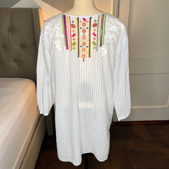 Johnny Was Ovett Tee Shirt, Floral Embroidery, Small Navy Stripes - Picture 3 of 4